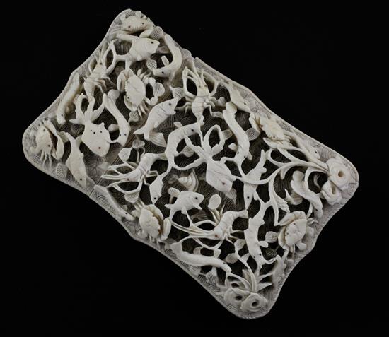 An unusual Chinese export ivory card case, 19th century, 11.5cm., part of cover lacking